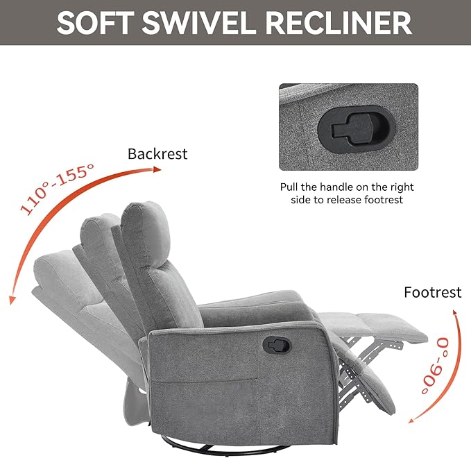 Massage Rocker Swivel Recliner Chair for Adults, Manual Recliner Glider with Lumbar Heating, Technical Flannel Fabric Nursery Glider Rocking Chair with Vibration Massage for Living Room - Grey