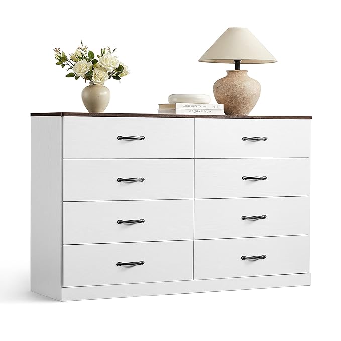 LINSY HOME 8 Drawer Dresser for Bedroom, 54" Wide Chest of Drawers, Modern TV Stand Dressers with Wood Frame and Metal Handles, Large Drawer Organizer for Bedroom, Living Room, White