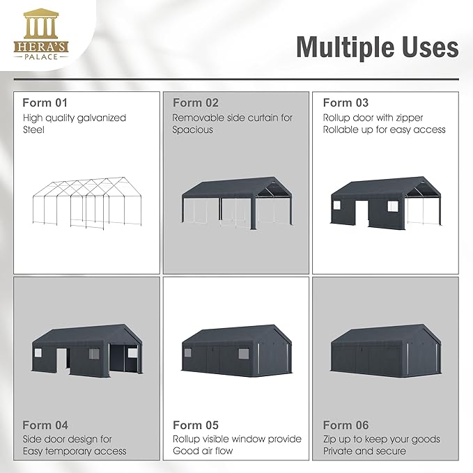 HERA'S PALACE Heavy Duty Storage Shed Outdoor Portable Car Canopy Carport Garage with 2 Rolled up Zipper Doors UV Resistant Waterproof Anti-Snow for Motorcycle Truck (Dark Gray, 13x24ft)