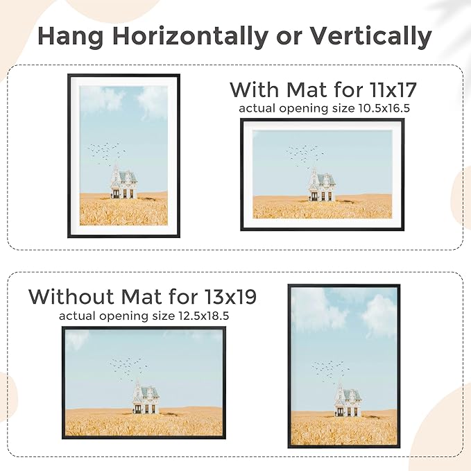 13x19 Metal Picture Frame for Wall With Mat for 11x17, 13''x19'' Aluminum Photo Frames With Tempered Glass for Home Decor, Minimalist Modern Poster Frame Horizontal And Vertical Formats, Black