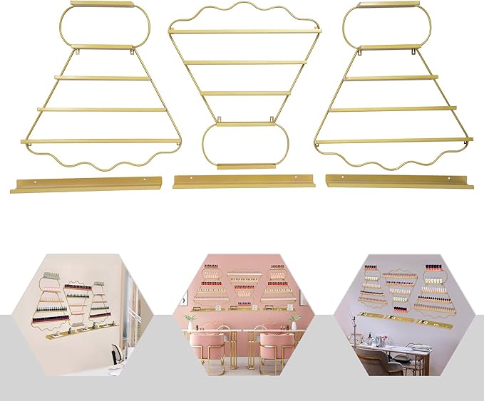 Metal Wall Mounted Nail Polish Racks Display Rack Cosmetic Display Case Lipstick Perfume Wall Shelf Essential Oil Organizer for Nail Polish Bottles Spa Nail Salon Shop (Gold)