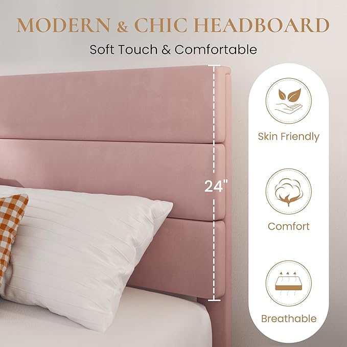 SHA CERLIN Full Platform Bed Frame with Velvet Upholstered Headboard, Mattress Foundation with Strong Wooden Slats Support, No Box Spring Needed, Pink