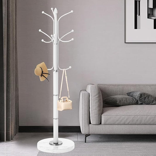 Metal Coat Rack Stand, Modern Freestanding Coat Rack with Natural Marble Base, White Coat Racks and Coat Hall Tree Hanger Stand with 12 Hooks for Entryway, Hallway, Office