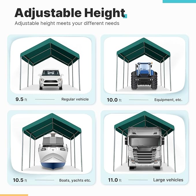ADVANCE OUTDOOR 10x15 ft Heavy Duty Carport Potable Car Canopy Garage Party Tent Boat Shelter, Adjustable Height from 9.5 ft to 11 ft, Green