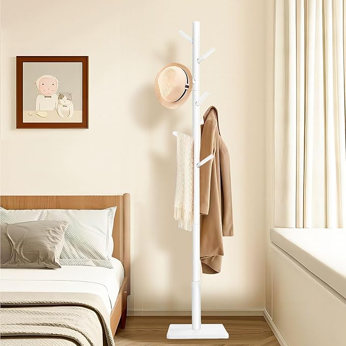 Coat Rack Freestanding with Stable Square Base for Cloathes, Hat, Used in Bedroom, Office and Entryway, Sturdy and Easy Assembly Coat Tree with 3 Adjustable Sizes and 8 Hooks, White