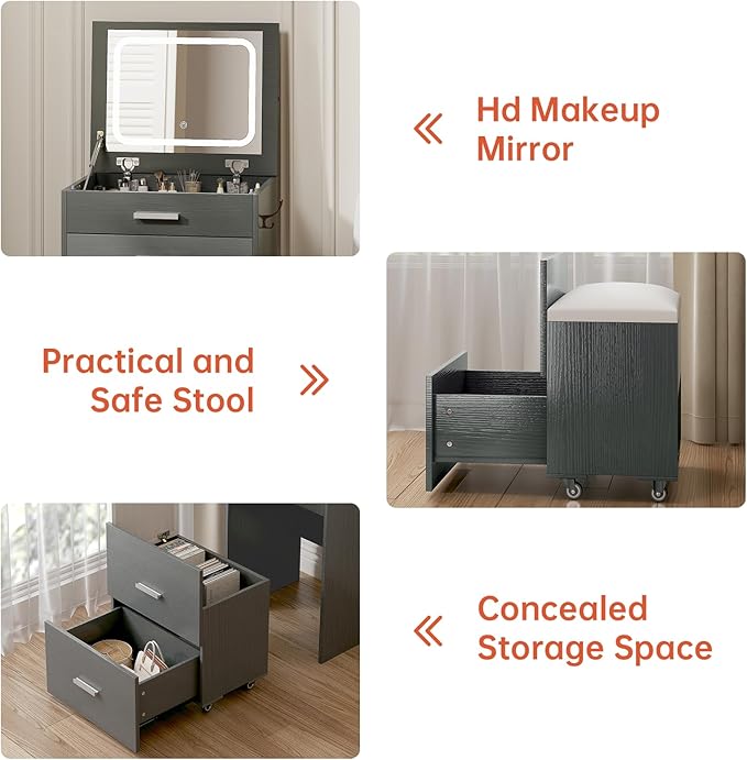 Compact Vanity with 3 Drawers, 3 in 1 Vanity Desk, Makeup Desk with Flip-up 3 Colors Lighting Mirror and Cushioned Stool, Small Vanities Nightstand Perfect for Bedroom, Gray