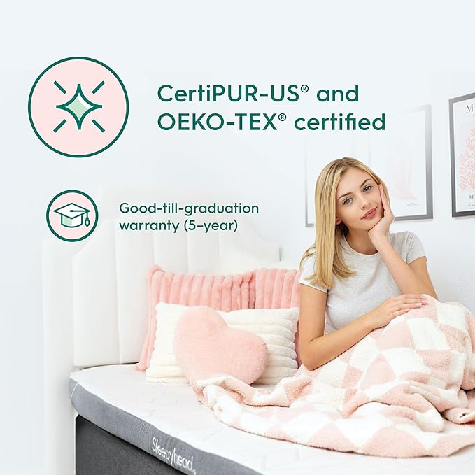 Sleepyhead Twin XL 2 Inch Super Memory Foam Mattress Topper for College Dorm – Copper & Gel Infused, Cooling, Washable Cover, Thick & Comfortable Mattress Pad, Dorm Room Essentials (XL Twin 2")