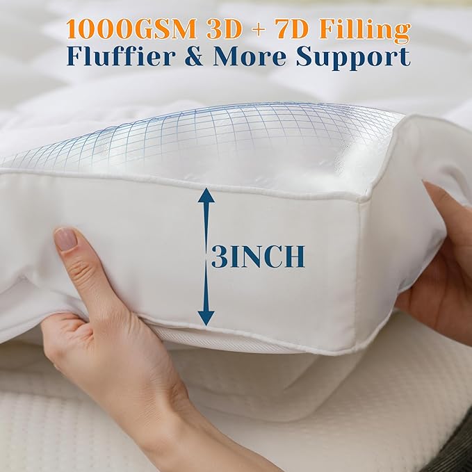 EnHomee Queen Mattress Topper Fluffy Extra Thick Soft 3 Inch Memory Foam Mattress Topper with 1000GSM Overfilled, Relief Back Pain, Breathable & Skin-Friendly, 8-21 in Deep Elastic Pocket
