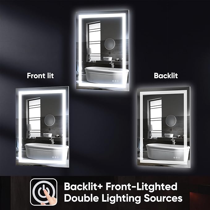 Antok 24"x 36" LED Bathroom Mirror with Lights, Anti-Fog, Dimmable, Lighted Vanity Mirror with Tempered Glass, Memory Function, 3 Light Modes, Safe Use, Horizontal, Vertical