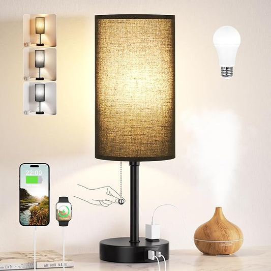 Dicoool 17Inch Tall Bedroom Lamps with USB C and A Ports 3 Color Temperatures - Pull Chain Black Nightstand Bedside Table Lamp with AC Outlet, Side Lamp for Living Room End Table