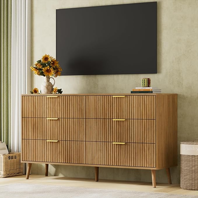 LYNSOM 55" Wide Fluted Dresser for Bedroom with 6 Drawer, Modern Chest of Drawers with Curved Profile Design and Metal Handles, Wood Dresser TV Stand & Storage Organizer for Living Room, Natural Oak