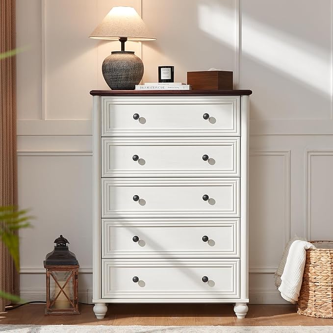 Farmhouse Dresser for Bedroom Set of 2, 5 Drawers Wood 45" Tall Chest of Drawers, Dresser Rustic Storage Dressers Organizer with Metal Handle Closet for Living Room, Hallway Entryway