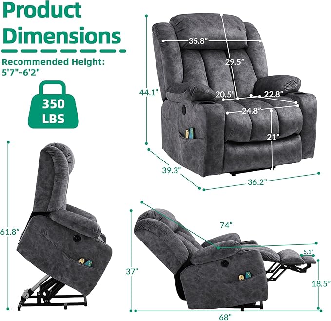 VIVIJASON Tall Man Large Power Lift Recliner Chair with Massage and Heat for Elderly, Overstuffed Wide Electric Lift Recliner w/Extended Footrest, 2 Cup Holder, Side Pockets & USB Ports, Fabric Grey