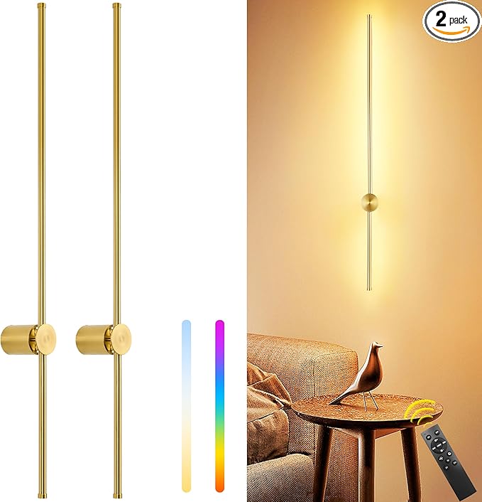 39.4 Inch Battery Operated Wall Sconces Set of Two, 12000mAh Rechargeable Wall Sconce with Remote Control, Dimmable LED Wireless Wall Lights for Bedroom, Living Room, 15 Colors, 180° Rotate, Gold