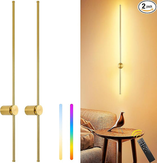 39.4 Inch Battery Operated Wall Sconces Set of Two, 12000mAh Rechargeable Wall Sconce with Remote Control, Dimmable LED Wireless Wall Lights for Bedroom, Living Room, 15 Colors, 180° Rotate, Gold