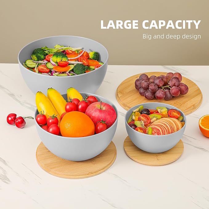 Salad Bowl Set of 3 with Bamboo Wooden Lids, Mixing Bowls Set, Nesting Bowls for Space Saving Storage, Made with Durable Eco-Friendly Bamboo Fiber, Great for Prepping and Serving Food, Grey