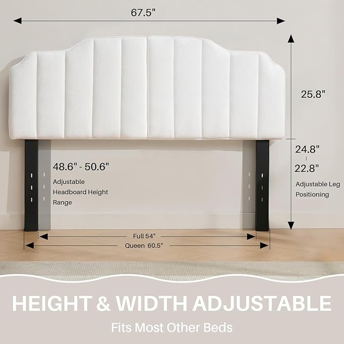 Queen Size Headboard White Upholstered Headboard Adjustable Height&Width Velvet Headboards Modern Vertical Channel Design Bed Head Board, White