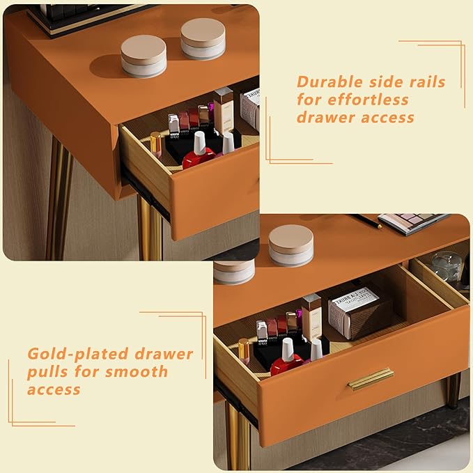 Vanity Desk with Adjustable Mirror and Lights, Makeup Desk with Drawers and Chair, Dressing Table Set with Leather Surface, Small Vanity Table for Bedroom, 3 Lighting Modes (Orange)