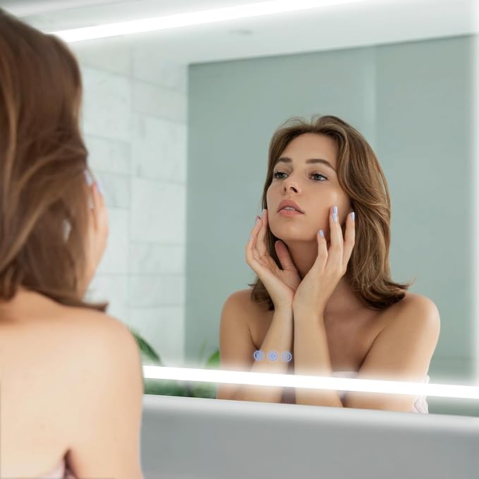 Antok 30"x 55" LED Bathroom Mirror with Lights, Anti-Fog, Dimmable, Lighted Vanity Mirror with Tempered Glass, Memory Function, 3 Light Modes, Safe Use, Horizontal, Vertical