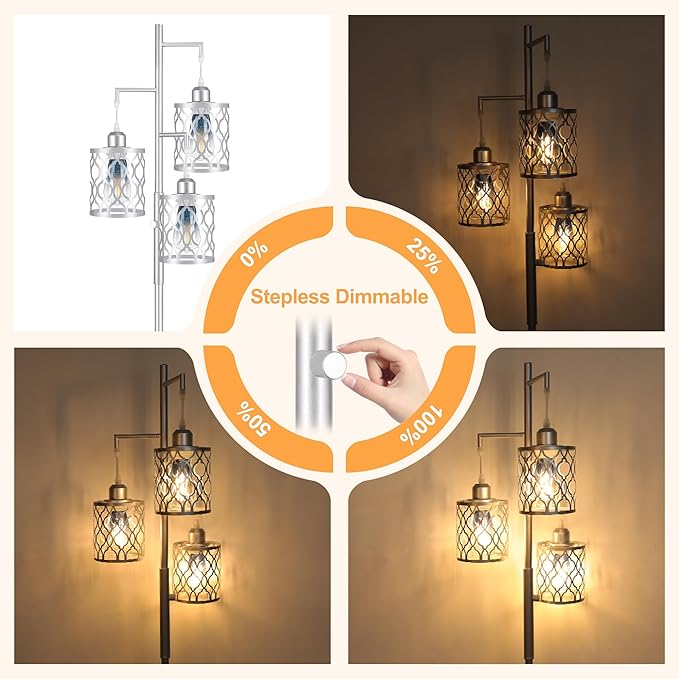 68" Farmhouse Floor lamp, Dimmable Industrial Floor Lamps for Living Room, 3 Light Rustic Standing Tall Lamp Including 3 PCS 6W Edison Bulbs, Tree Floor Lamp for Bedrooms Room, Office, Bar, Silver