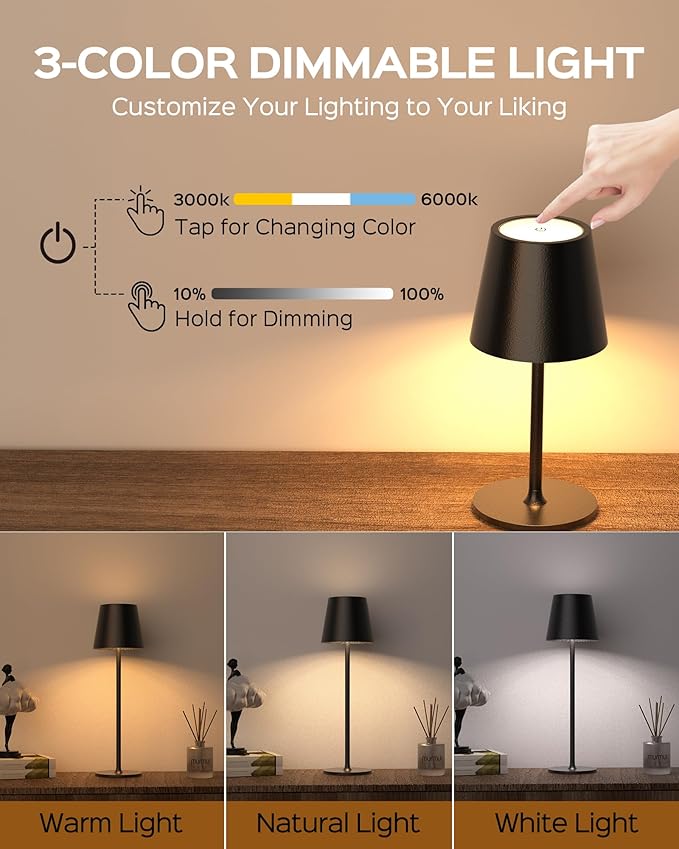 JACKYLED Cordless Table Lamps Rechargeable, 3 Adjustable Height, 5000mAh Battery Operated, 3 Colors Smooth Dimming, Portable LED Waterproof Table Lamp for Dining, Bedroom, Outdoor (2 Pack)