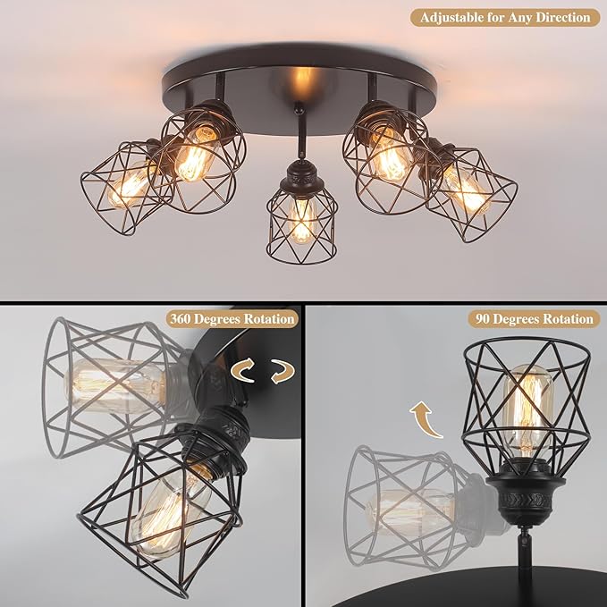 5-Lights Kitchen Light Fixtures Ceiling Mount, Adjustable Multi-Directional Black Flush Mount Ceiling Light, Retro Metal Cage Farmhouse Close to Ceiling Light Fixture for Hallway Dining Room Entryway