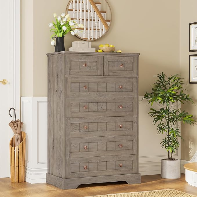 Hasuit Farmhouse Dresser for Bedroom, 7 Drawers Dresser, 51.4"Tall Dressers Chest of Drawers with Hand Carved Panel, Large Wood Closet Storage Organizer Rustic Dressers for Bedroom Living Room Hallway