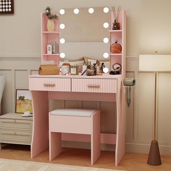 Small Vanity Desk with Mirror and Lights, Makeup Vanity Desk with 3 Color Modes Adjustable Bulb, 2 Large Drawers and 4 Open Storage Shelves, Pink Vanity with Charging Station for Bedroom