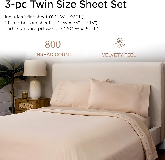 Threadmill Luxury 800 Thread Count 100% Cotton Sheets - Light Beige Sateen Weave Twin Size Bed-Sheets, Better Than Egyptian Cotton,3 Pc Solid Soft Bedding Set, Fits 15" Deep Pocket