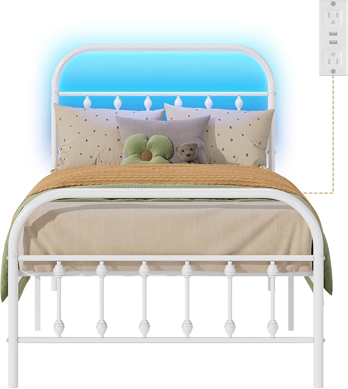 WLIVE Twin Bed Frames with Storage, Twin Bed Frame with LED Lights and Charging Station, Metal Platform Bed Frame with Headboard, White