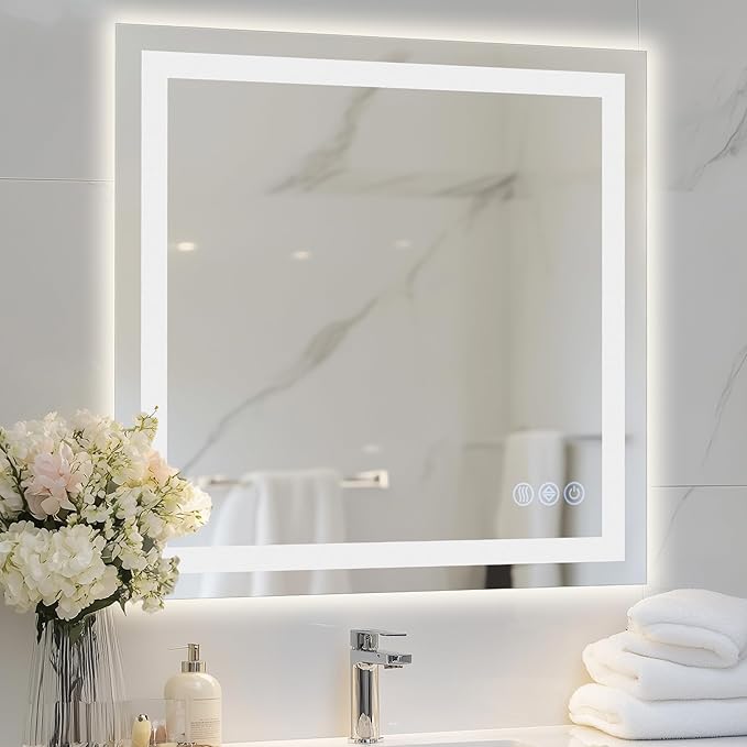 Antok 36"x 36" LED Bathroom Mirror with Lights, Anti-Fog, Dimmable, Lighted Vanity Mirror with Tempered Glass, Memory Function, 3 Light Modes, Safe Use, Horizontal, Vertical