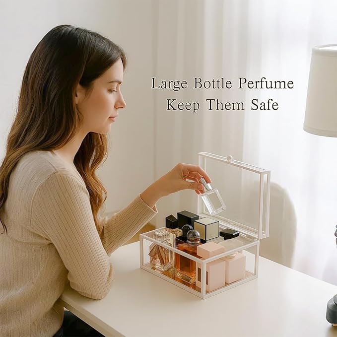 40 Lipsticks Organizer with Lid, Glass Display Box Fits Large Perfume & Skincare, Easy-Access Organiser for Vanity Countertop, Multifunctional Display Box in Any Rooms