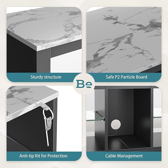 Bestier White Marble TV Stand LED Entertainment Center Gaming TV Stand for 55 Inch TV RGB Television Stand with 2 Adjustable Glass Shelves Xbox PS4 Game Console Cabinet for Living Room