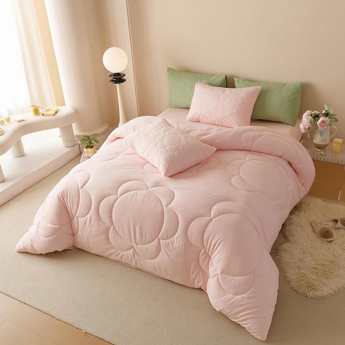 CLOTHKNOW Pink Full Size Comforter Sets 3Pcs Daisy Puff Bedding Comforter Sets Soft Blush Boho Comforter Pink Comforter with 2 x Pillowcases