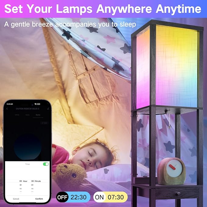 OUTON Floor Lamp with Shelves & Drawer, LED Dimmable Floor Lamp with Remote & App & Voice Control, Charging Station, Color Changing, Storage Display Wood Standing Lamp for Living Room, Bedroom Office