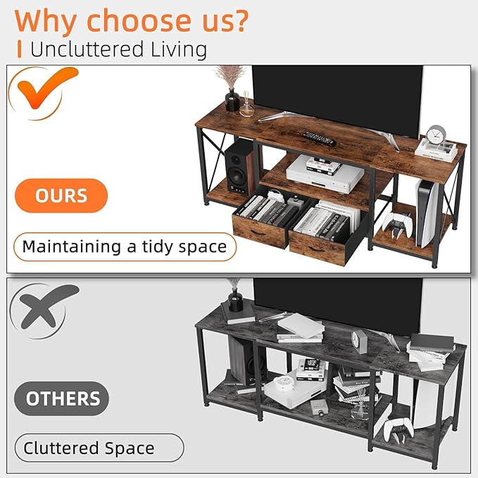 TV Stand with Fabric Drawer for 50 55 Inches TV - Entertainment Center and Industrial TV Console Table with Open Storage Shelves for Living Room, Bedroom - 47" Rustic Brown