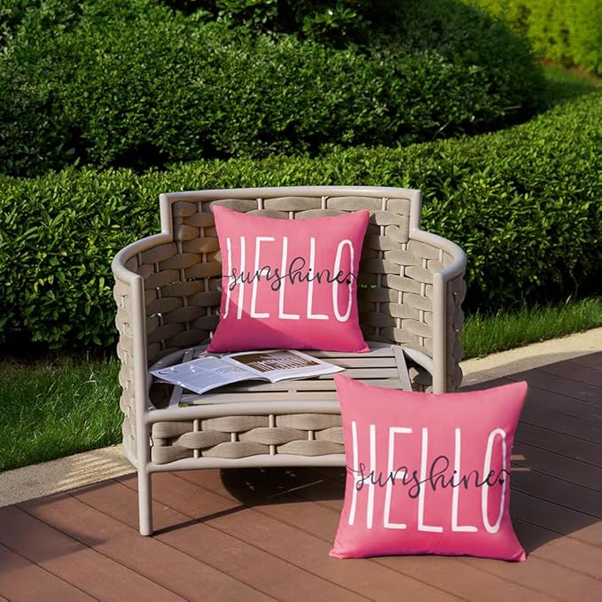 DFXSZ Outdoor Pillow Covers 16x16 Inch Set of 2 Hello Sunshine Decor Hot Pink Waterproof Throw Pillow Covers Summer Outdoor Waterproof Pillow Covers Decor for Patio Funiture Garden Sofa Couch 020H16