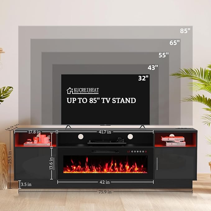 80'' TV Stand with 42'' Fireplace - LED Light Entertainment Center for 90 inch TVs - Black Cabinet with Storage, Modern Console for Living Room