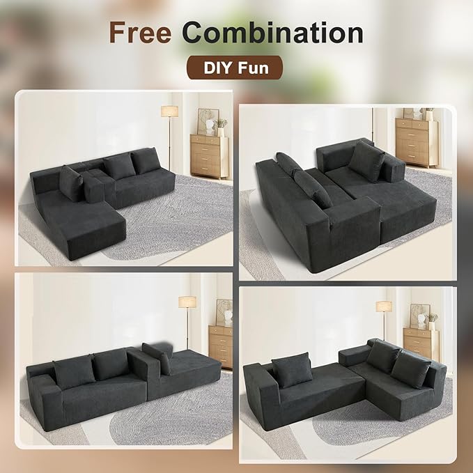103" Cloud Sectional Sofa, Boneless L-Shape Couch with Chaise, Modern Minimalist Modular Couch for Living Room, Free Combination, Deep Seat, No Assembly Required, Dark Grey, R