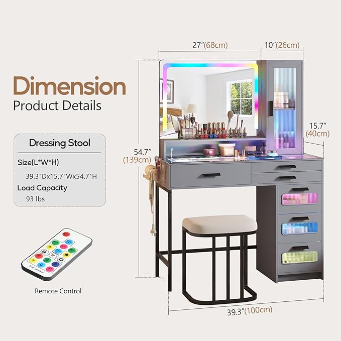 RGB Vanity Desk with Mirror and Lights, Glass Top Makeup Vanity with 6 Drawers & Wireless Charging,Vanity Table Set with RGB Cabinet Light and Jewelry Box, for Girls Bedroom,Grey