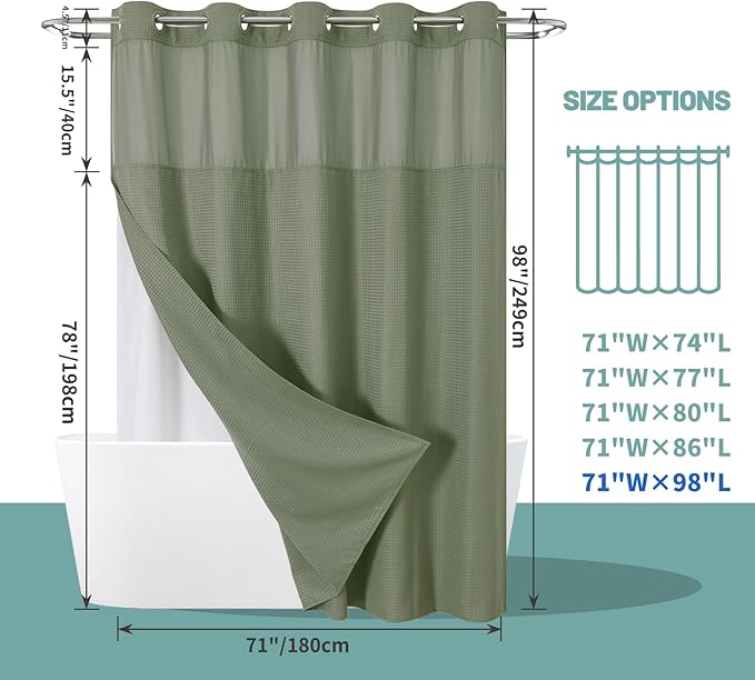 SageGreen Extra Long No Hook Waffle Weave Shower Curtain with snap-in Liner Replacement, 230GSM Waterproof Fabric Hotel Shower Curtain Set for Bathroom, Through Mesh Top Window,71Wx98H