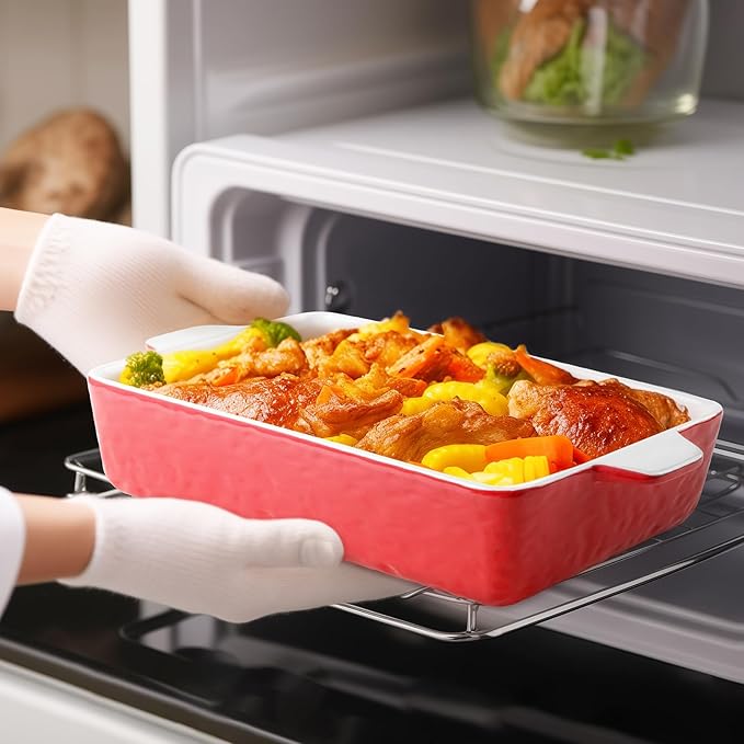 Casserole Dishes for Oven, Ceramic Baking Dishes, Lasagna Pan with Handles, Porcelain Baking Pan Deep, Bakeware for Baking, Cooking, Wedding Gift, Set of 3 (11.6" x 7.8", Red)