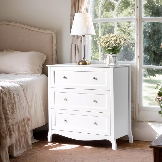 VINGLI White Dresser 3 Drawer Chest of Drawers for Bedroom, Painted Wood Dresser with Large Drawers and Curved Legs, 31.5" W Large Nightstand, 31.5" W*15.75" D*31.5" H
