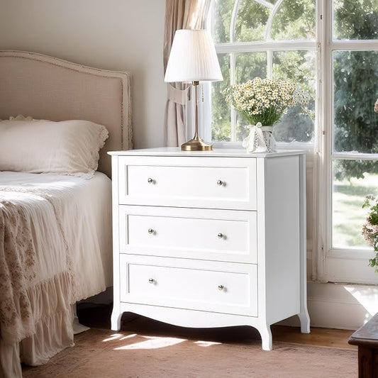 VINGLI White Dresser 3 Drawer Chest of Drawers for Bedroom, Painted Wood Dresser with Large Drawers and Curved Legs, 31.5" W Large Nightstand, 31.5" W*15.75" D*31.5" H