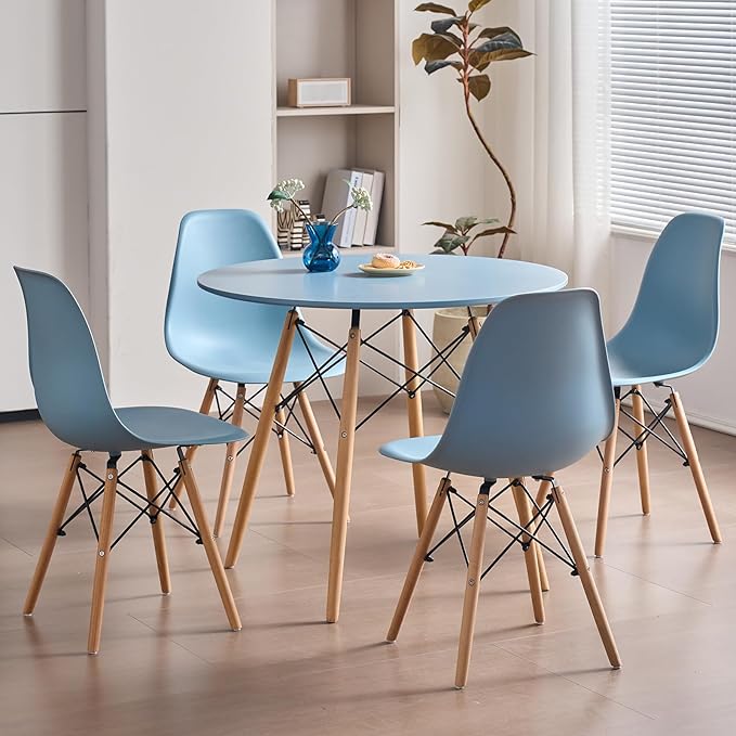 35.5'' 5 Piece Round Dining Table Set for 4, Mid-Century Modern Table with Chairs, Space Saving, Plastic Seats, Wood Legs, Circle Dinner Table for Kitchen, Home, Apartment, Blue