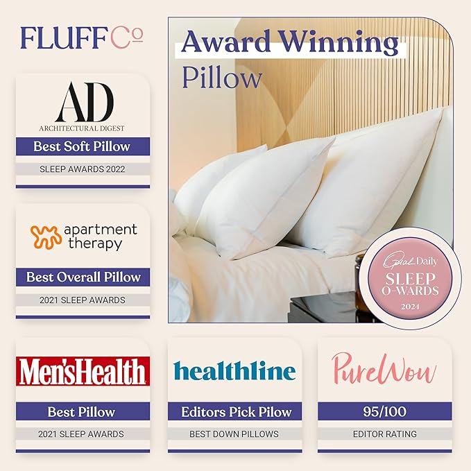 FluffCo Zen Fluff Down King Pillow with 600 Fill Power White Duck Down Stomach Sleeper Pillows - Luxury Hotel Quality 300 Thread Count - 100% Cotton Feather Pillows (King Size 1 Pack)