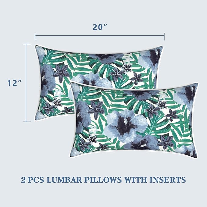 LVTXIII Set of 2 Outdoor Lumbar Pillows for Patio Furniture with White Piping, 12"x20" Fade Resistant Patio Lumbar Pillows with Inserts for Home Coach Sofa Use, Blue Salmone Tropical