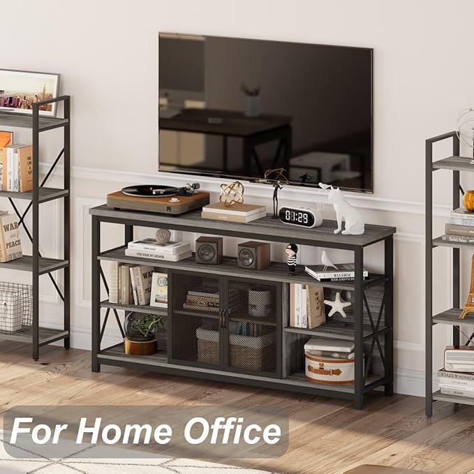 BON AUGURE Tall TV Stand for TVs up to 65 Inch, Industrial Entertainment Center with Storage Cabinet, Rustic Wood Media Console Table for Living Room and Bedroom (32 Inch High, Grey Oak)