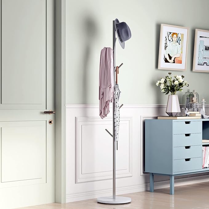 Silver Coat Racks, Metal Coat Rack Freestanding with Hooks, Entryway Coat Rack Stand, Coat Racks with Marble Base, Coat Tree for Hanging Clothes, Hats, Bags