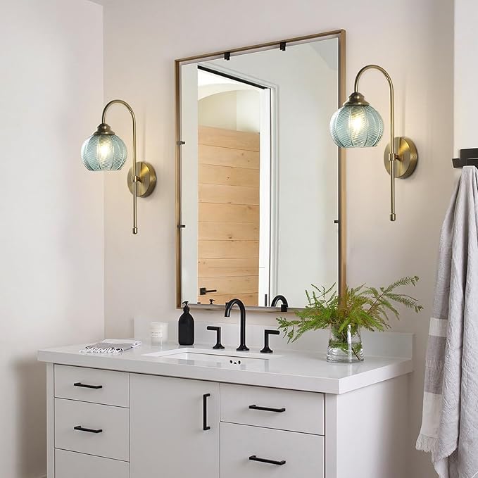 KCO Lighting Vintage Green Glass Wall Light with Brushed Brass Arm - Large Globe Sconce, Gold Finish - Mid Century Modern, Unique Bathroom Wall Lamps